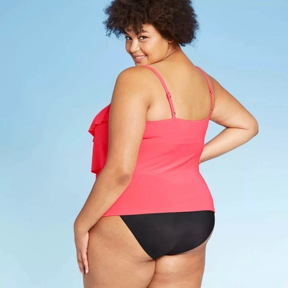 Women's Plus Size Tiered Tankini Top Neon Coral - Picture 2 of 8